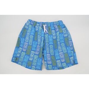 Bear Bottom Swim Shorts Mens Medium Blue Tiki Print 7" Lined‎ Tropical Trunks